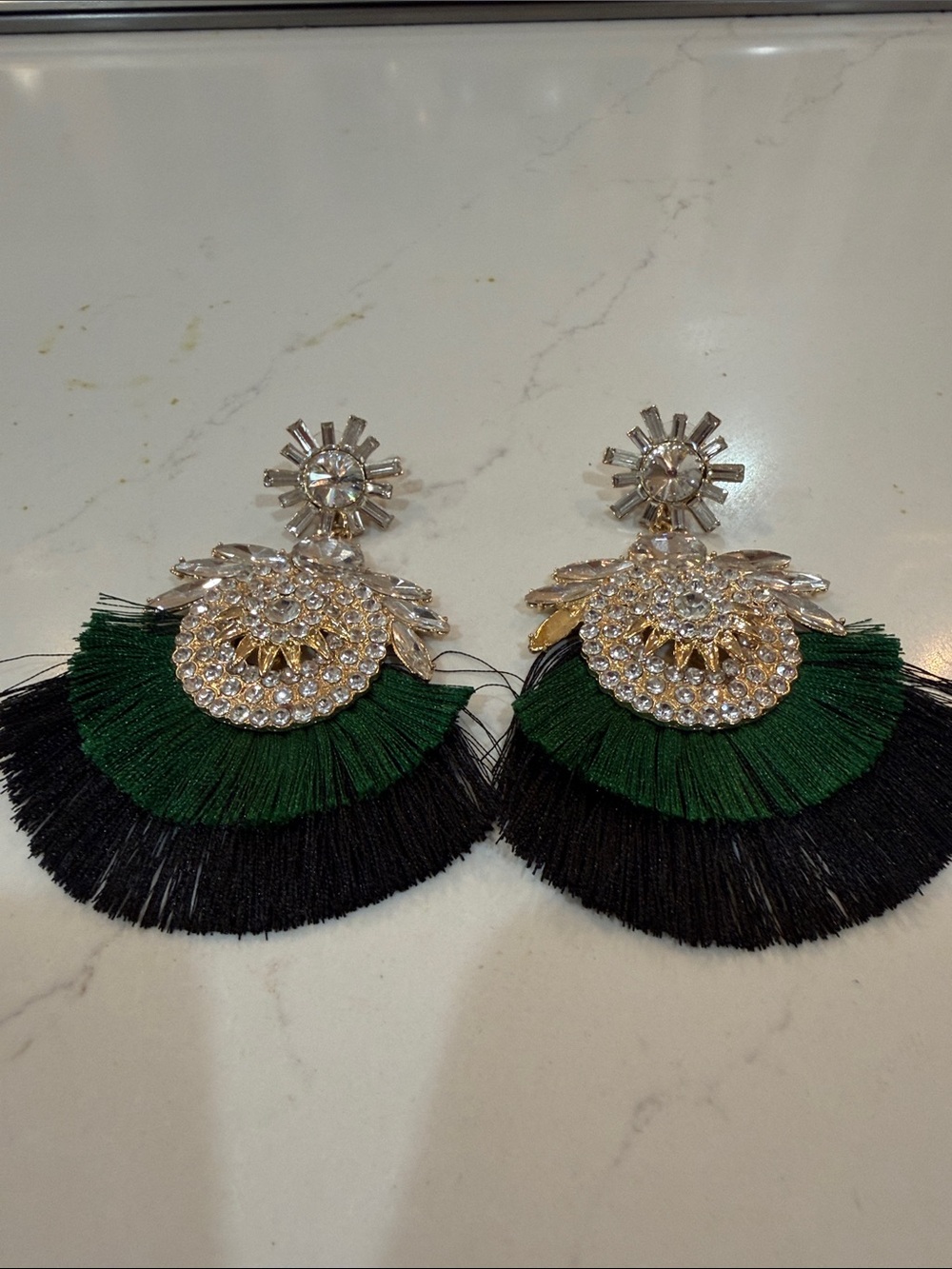Crystal & Tassel Fan Drop Earrings in Green and Black